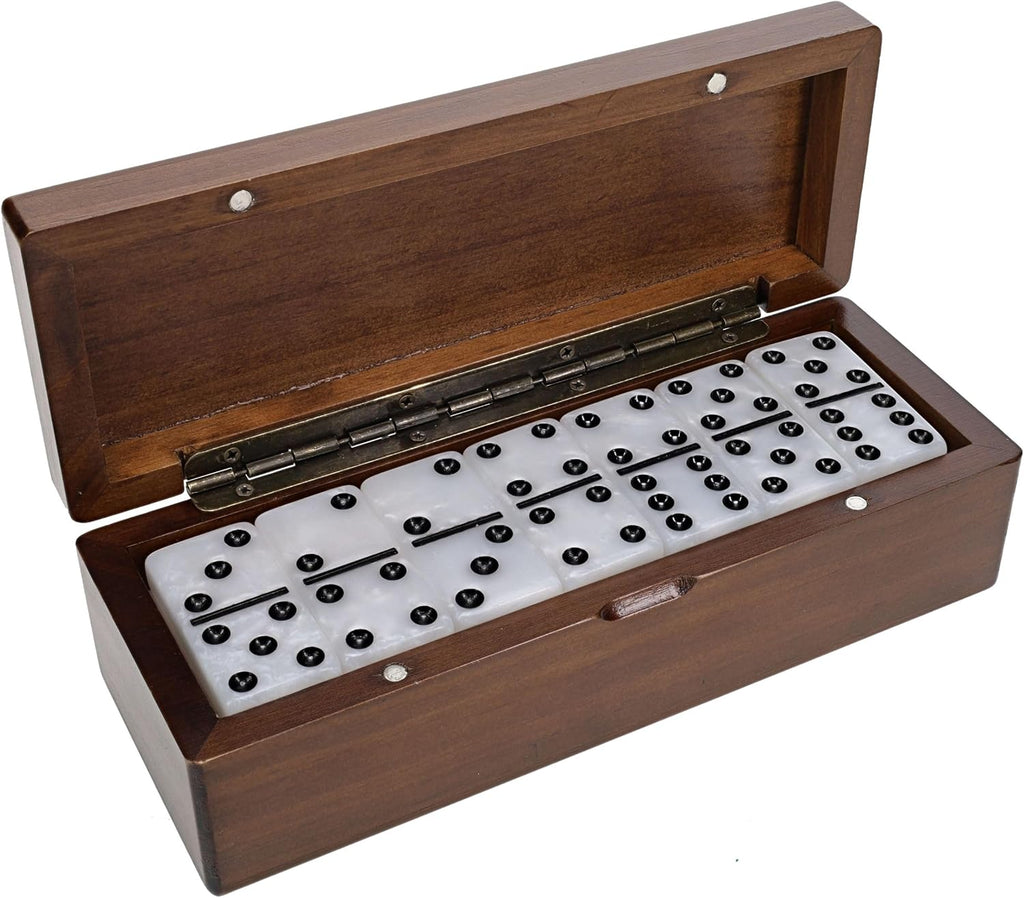 Double 6 Marbleized Dominoes in Magnetic Wooden Travel Box, Dominoes Set for Adults, White Color Double Six Domino