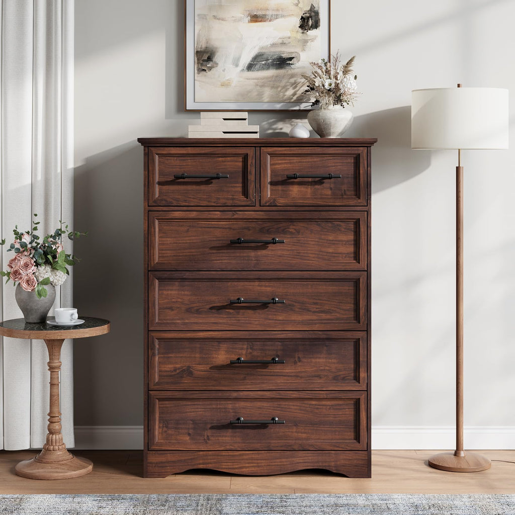 Walnut 6-Drawer Dresser, 44" Tall Chest of Drawers