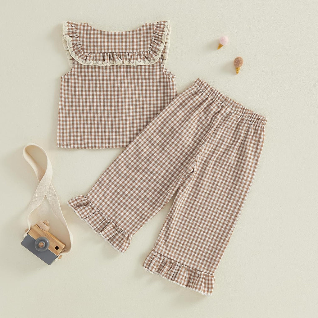Toddler Girls Summer Clothes Set Gingham Ruffle Dress Tops Pants 2 Piece Spring Summer Outfits