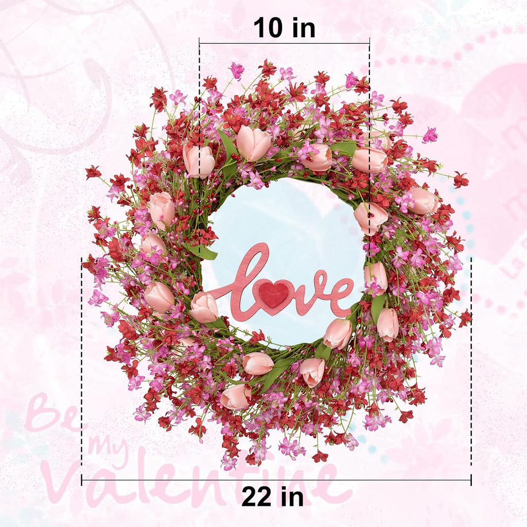 Valentines Day Wreath Decor, 22inch Artificial Pink Wreath with Tulip Berry Green Leaf Element, Valentines Wreaths