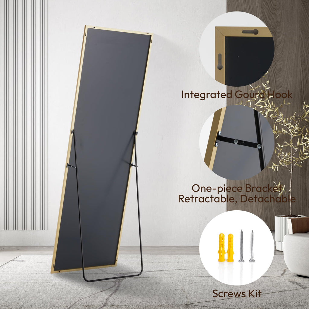 Rectangle Full Length Mirror 64"x21", Aluminum Alloy Thin Frame Floor Standing Mirror, Wall Mirror with Stand, HD