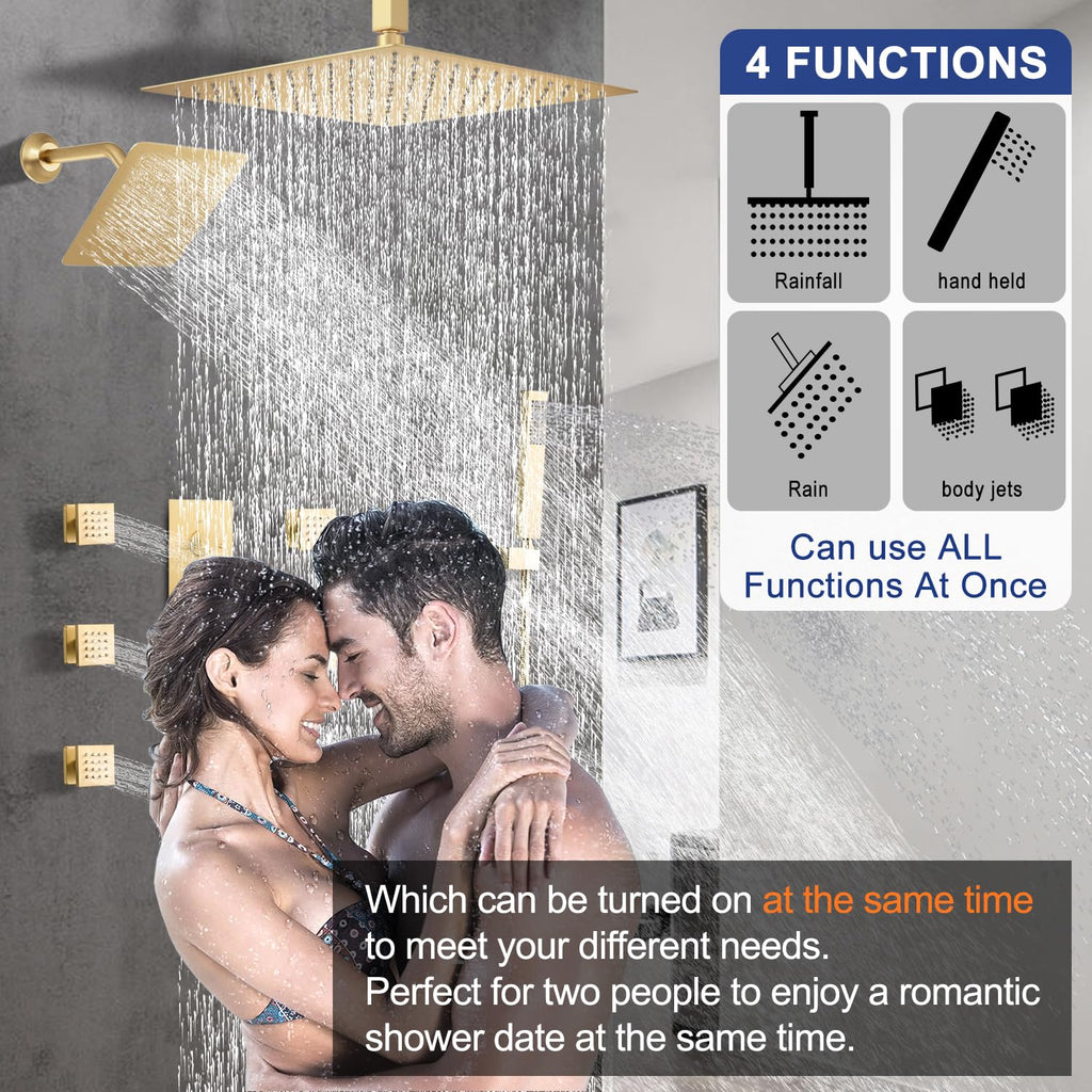 Thermostatic Shower System Dual Shower Heads with 16" Ceiling Mounted Rain Shower Head & 6" Wall Mounted Head 4