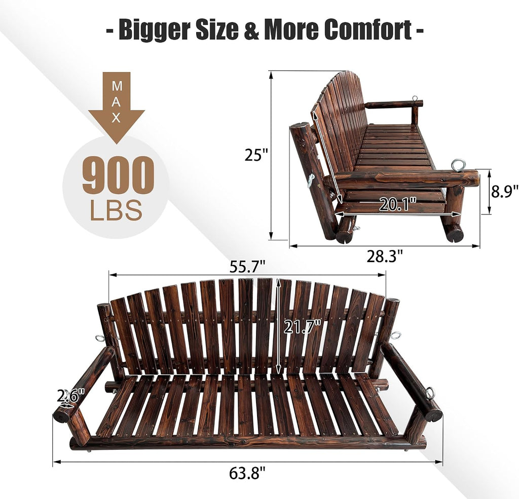 3.5 FT Rustic Log Wooden Porch Swing, Heavy-Duty 900 LBS, Outdoor Hanging Bench , Garden, Yard - Solid Fir Wood
