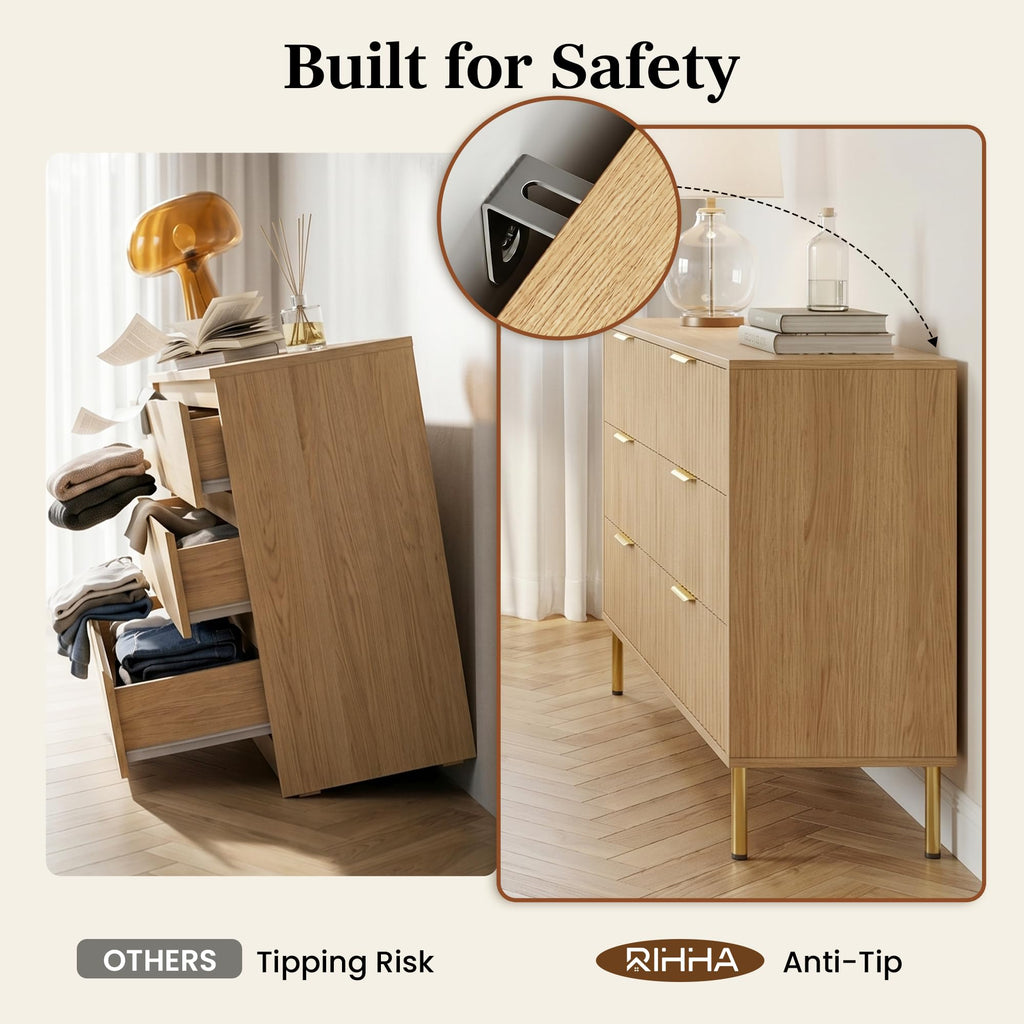 Natural Oak 3-Piece Fluted Dresser and Nightstand Set