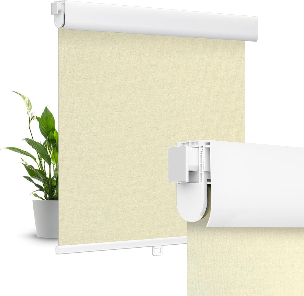 No Drill No Tools Blackout Roller Shades for Windows, (Beige 34 x 48), Renter-Friendly, UV Protection, no-Drill