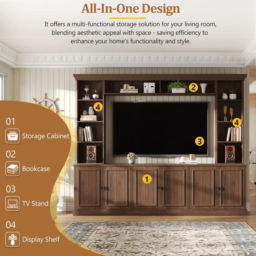Farmhouse 4-Piece Entertainment Center Wall Unit for TVs up to 70", Large TV Stand with Bookshelves, Adjustable