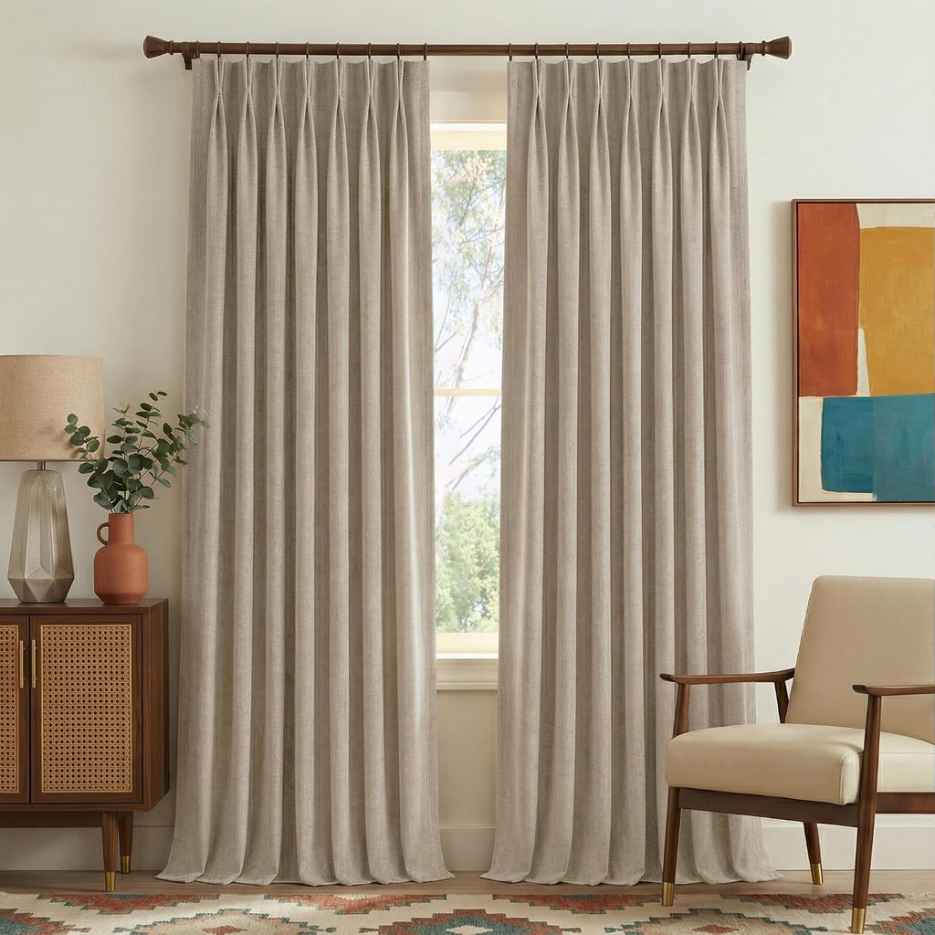 395GSM Heavyweight Pinch Pleat Oatmeal Faux Linen Curtains 84" Long, Room Darkening Thermal Drapes, Double-Sided