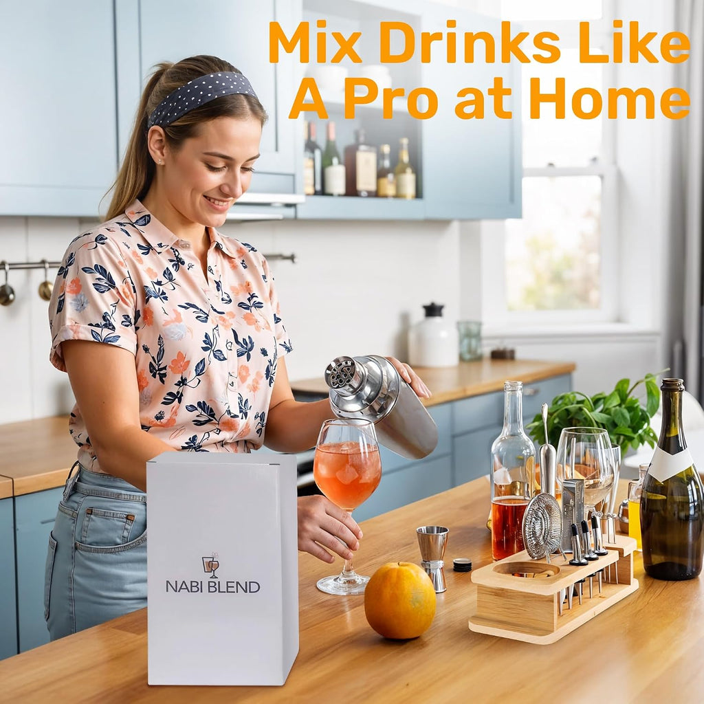 Bartender Kit with Bamboo Stand | Cocktail Shaker Set Essential Bar Tools Wine Shaker Ice Filter Mixing - Set of 16