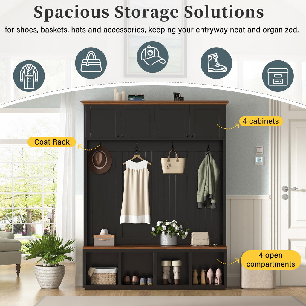 Wood Rustic 59''W Hall Tree Entryway Bench with 4 Hooks and Cabinets, Farmhouse Mudroom Versatile Coat Racks with