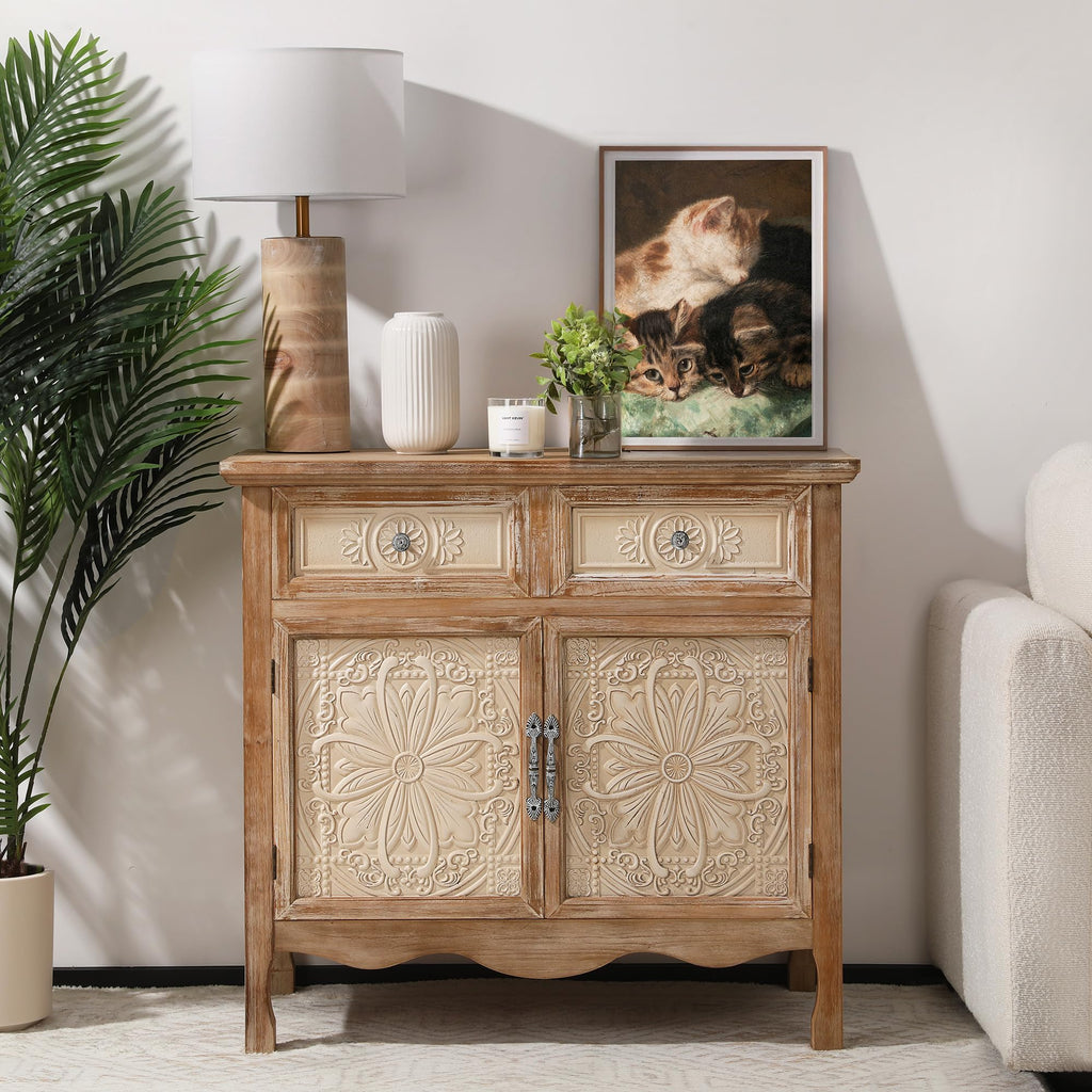 Sideboard Buffet Cabinet, Solid Wood Accent Cabinet with 2 Carved Doors and 2 Drawers, Vintage Credenza, Natural Oak