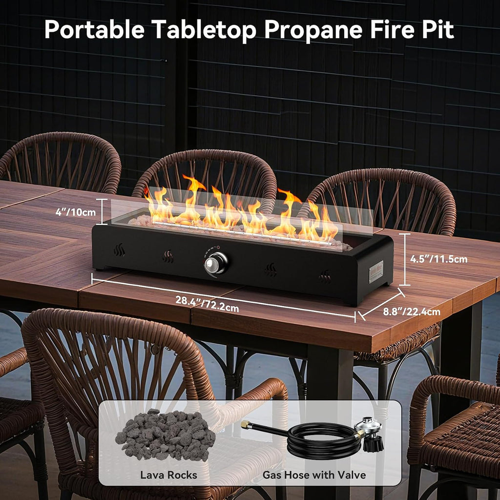 28'' Tabletop Fire Pit Table, Propane Gas Firepit Bottom Mounted for Table with Umbrella Hole, Glass Wind Guard and