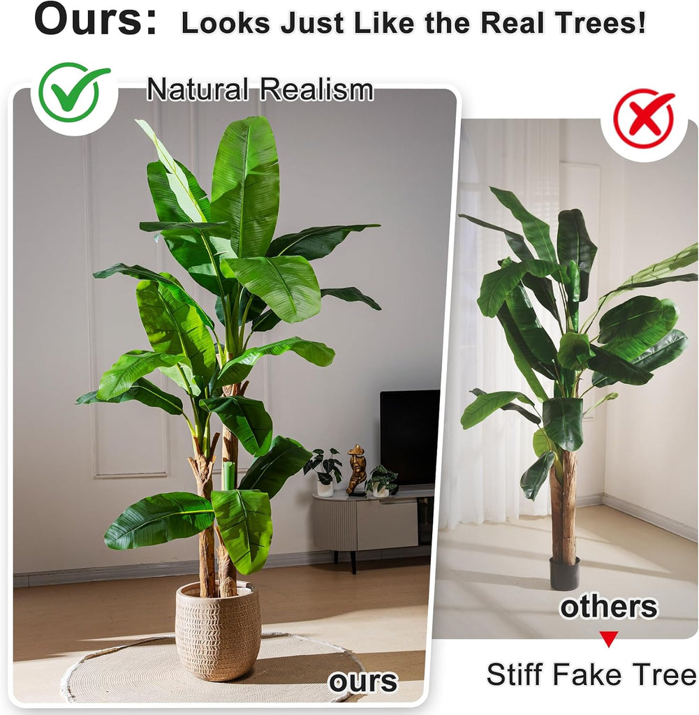 Artificial Banana Tree 6ft, Faux Tropical Palm Tree Plant with Realistic Leaves, Low Maintenance Indoor Outdoor Decor
