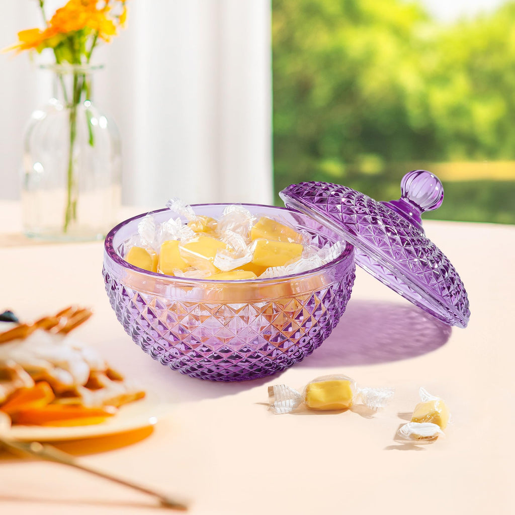 12 oz Small Purple Glass Jewelry Box Jars with Lid, Embossed Glass Candy Dishes, Diamond Faceted Food