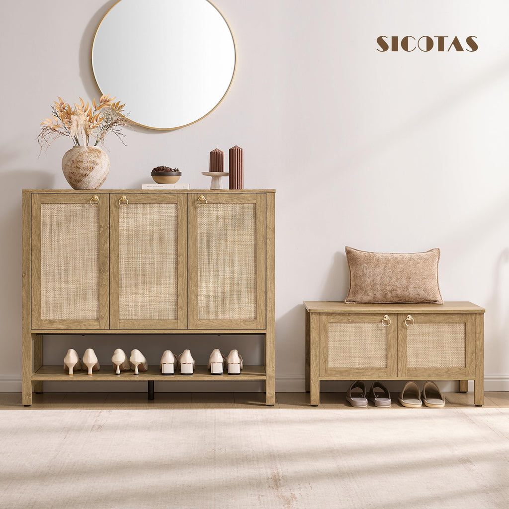 Rattan Shoe Cabinet with Storage, 30 Pairs Boho Shoe Organizer