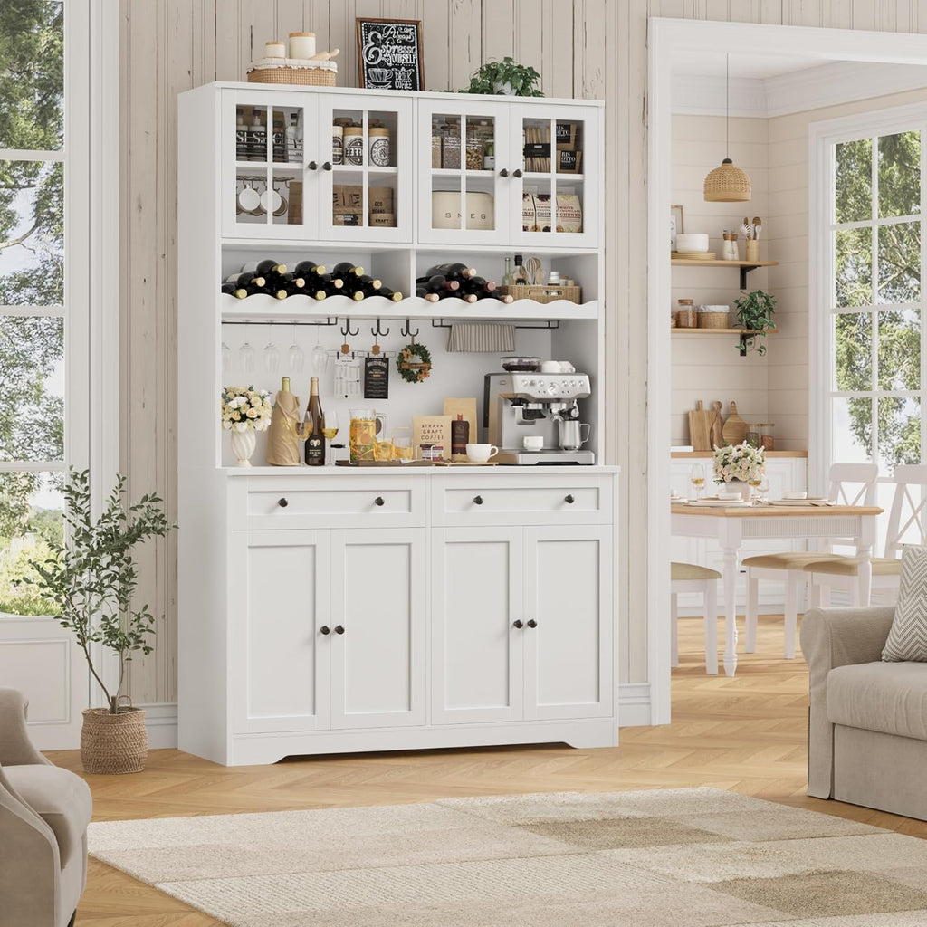 75" Kitchen Pantry Storage Cabinet, Coffee Bar Hutch Cabinet, White | Tall Pantry Cabinet with Charging Station /