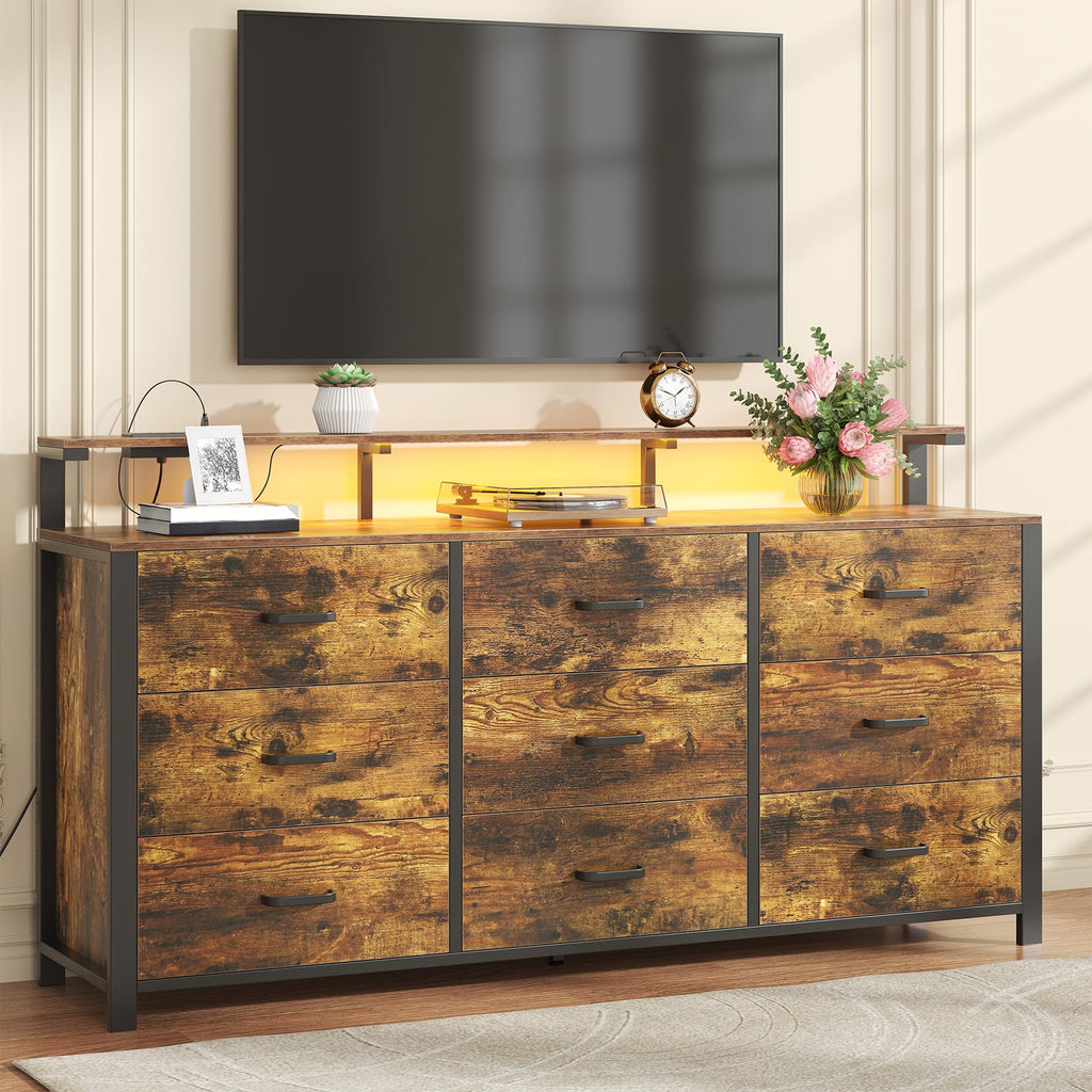 63'' Rustic Brown, 9 Drawer with Power Outlet and Led Lights, Bedroom Furniture with Wooden Drawer and Metal Frame