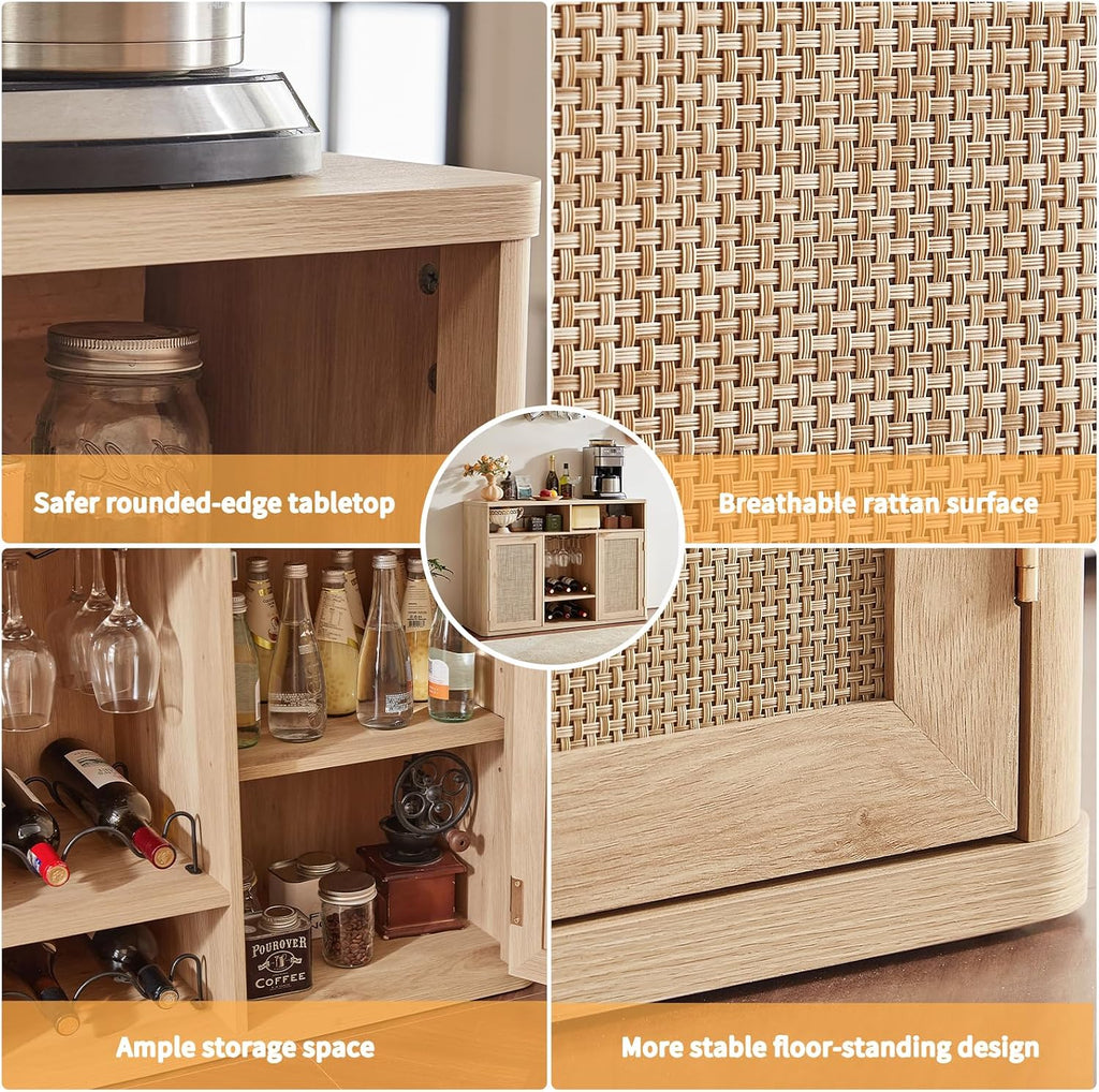 Rattan Wine Bar Cabinet with 2 Doors, Natural Wood | Boho Liquor Cabinet with Wine Racks & 2 Open Shelves & Rounded