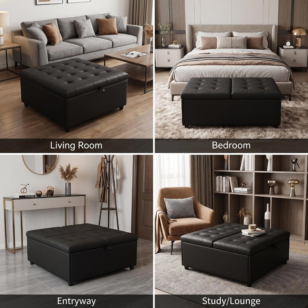 36 Inch Extra Large Black Leather Lift Top Living Room Storage Ottoman | Tufted Upholstered Shoe Storage Entry Bench