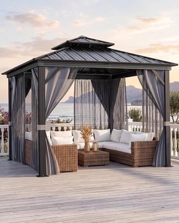 10x10 Ft Hardtop Gazebos with Heavy Duty Double Roof, Nettings and Curtains Galvanized Steel Outdoor Gazebos