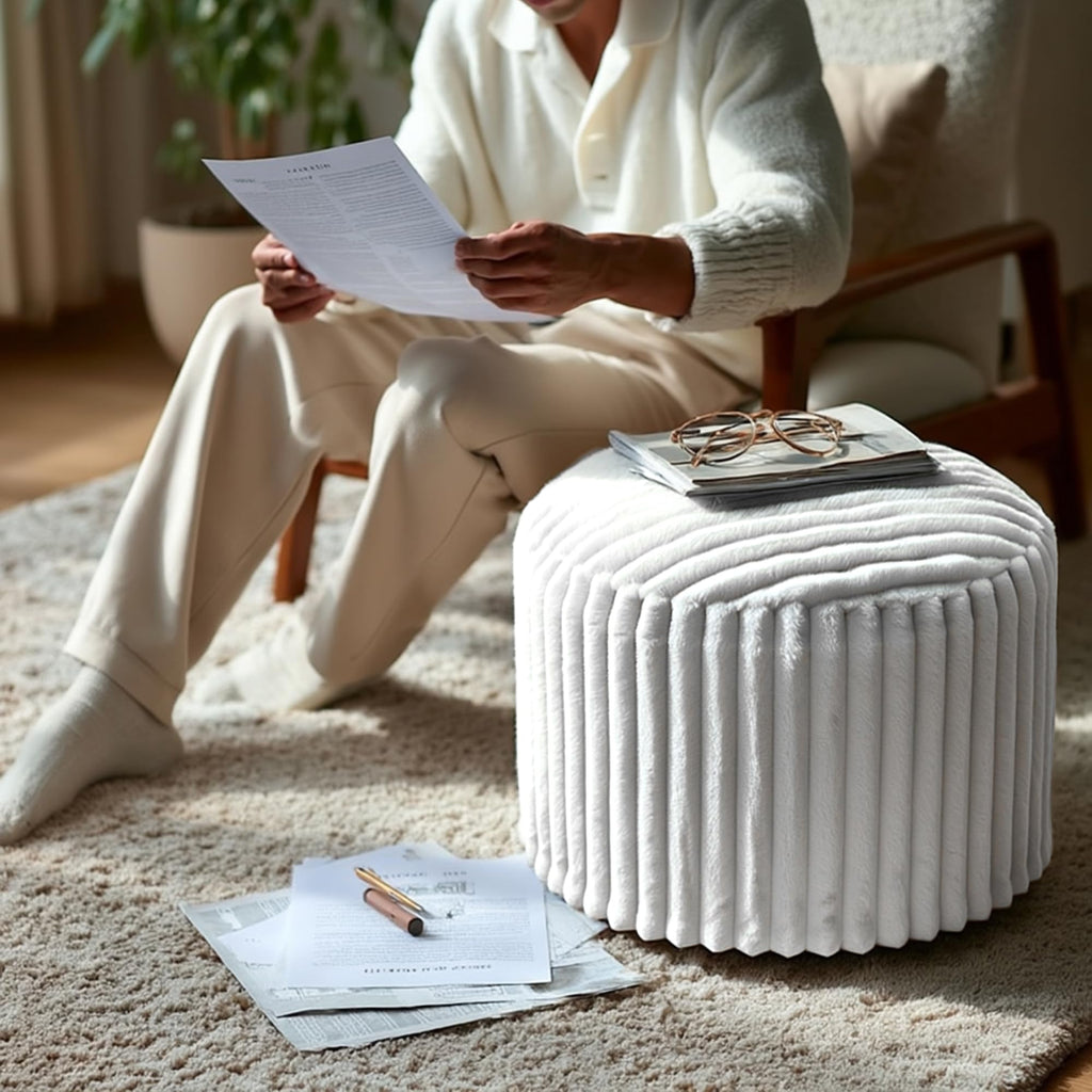 Round Stuffed Pouf Ottoman, Stripe Faux Fur Footrest, Solid Block Support+Soft Cushion Comfort, Removable Washable