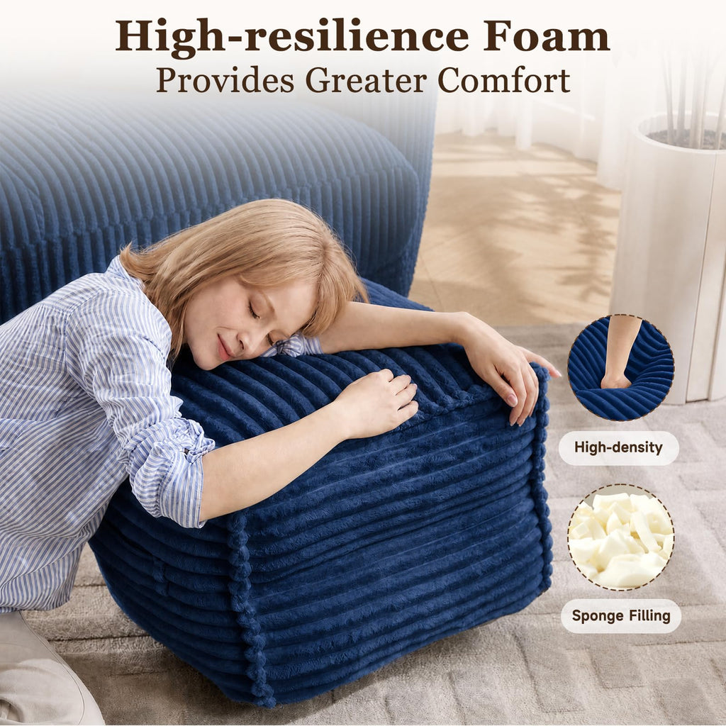 Square Stuffed Pouf Ottoman with Foam Chunk Filling, Navy