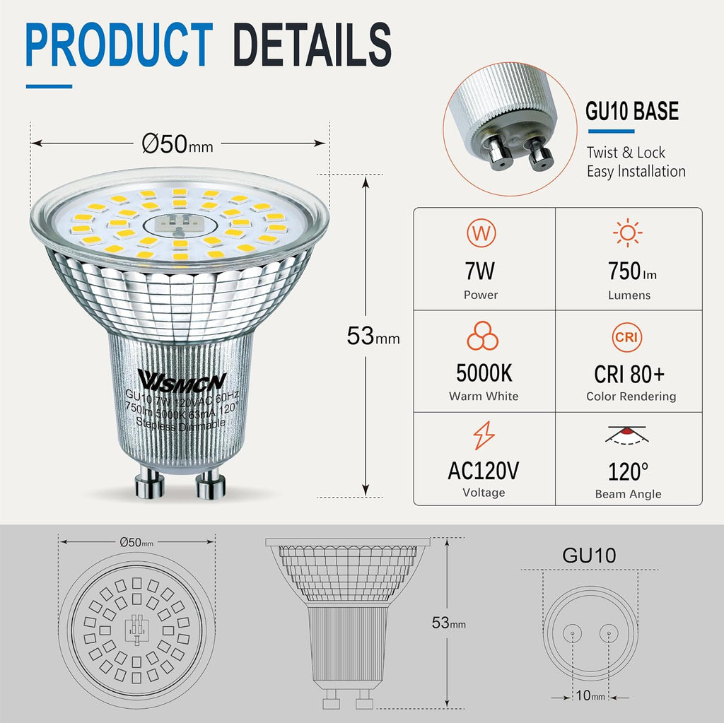Dimmable GU10 LED Light Bulbs 75W Equivalent, 5000K Daylight White, 6 Pack