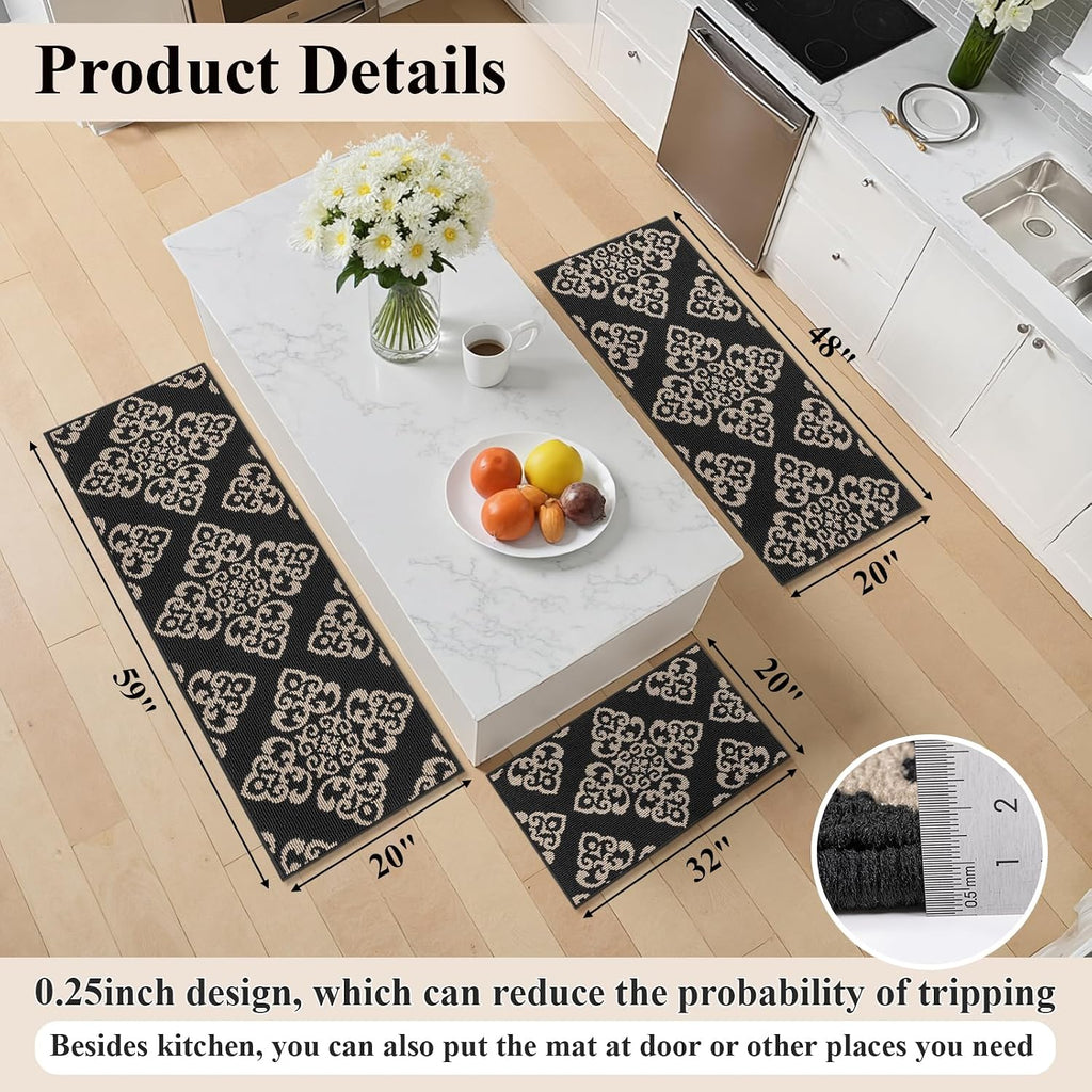 3-Piece Kitchen Rug Set Damask Medallion Floor Mats