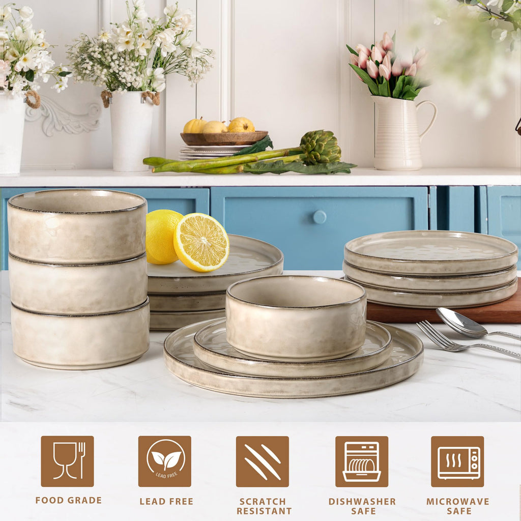 6 Pieces Stoneware Dinnerware Set, Dishes Set for 2, Sandy Beige