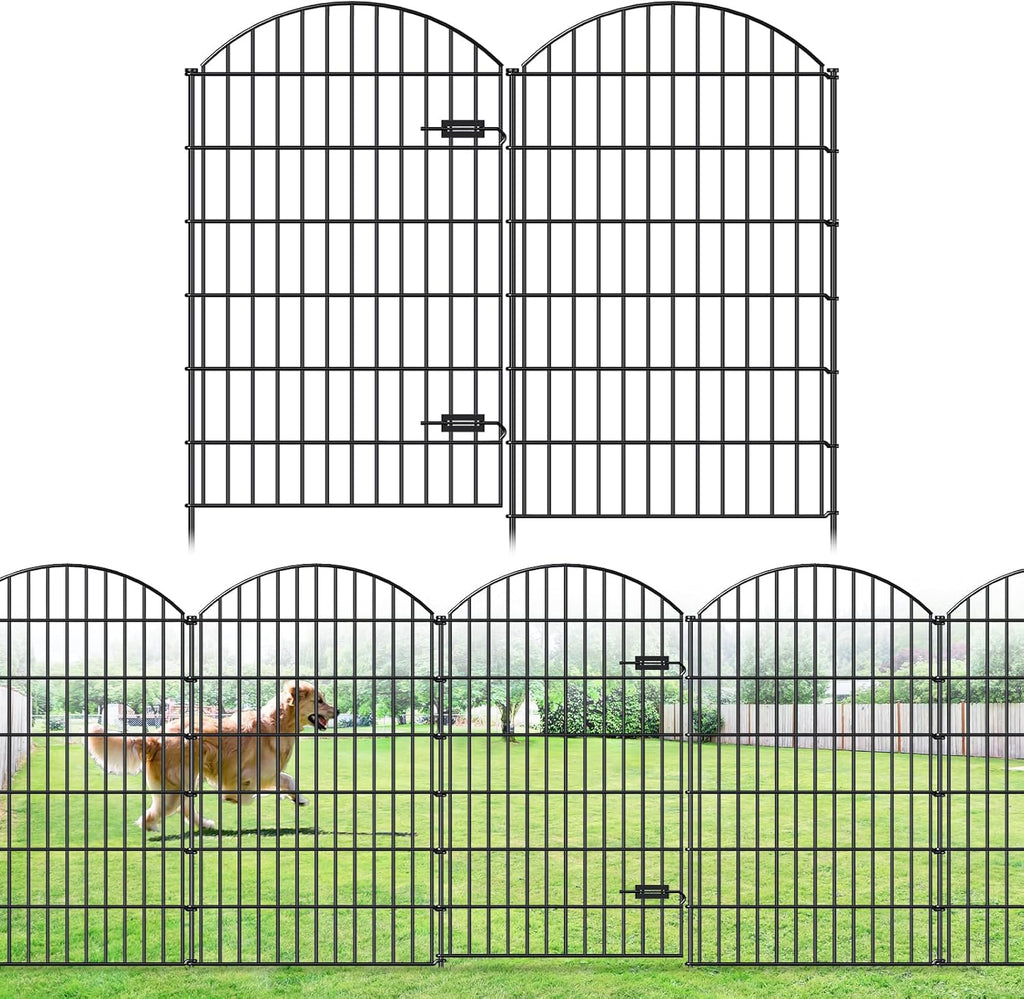 Metal Garden Fence with Gate 48in (H) x 20.3ft (L), 1 Gate+ 7 Panels Dog Fences Border Fence Animal Barrier, No Dig