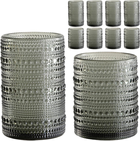 Vintage Hobnail Drinking Glasses Set of 8, Grey 12 oz & 15oz Highball Glass Cups, Kitchen Drinkware