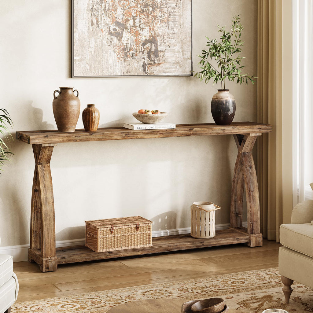 Solid Wood Console Table, 63-Inch Narrow Farmhouse Couch Table Behind Sofa with 2-Tier Storage for Entrance, Foyer