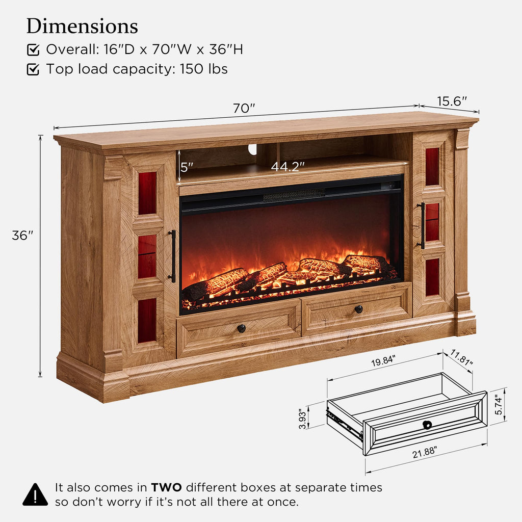 70" Farmhouse TV Stand with 42" Electric Fireplace, Light Knotty Oak