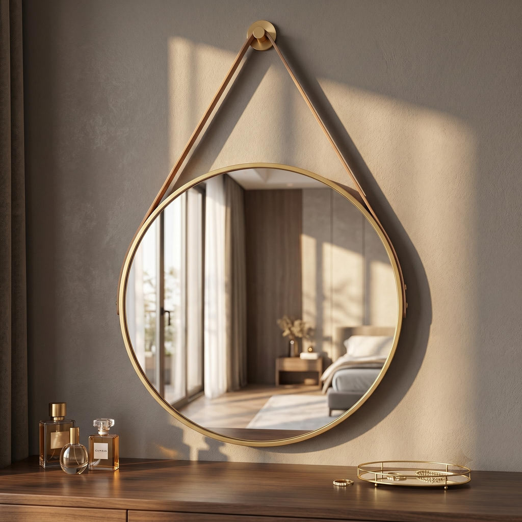 20" Gold Round Mirror, Circle Wall Mirror with Leather Strap