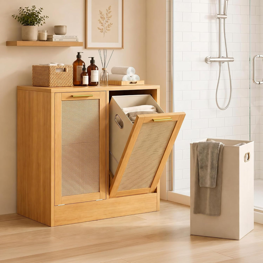 Laundry Cabinet, Bathroom Cabinet with with Breathable Real Rattan Design, Clothes Storge Basket with 2 Removable