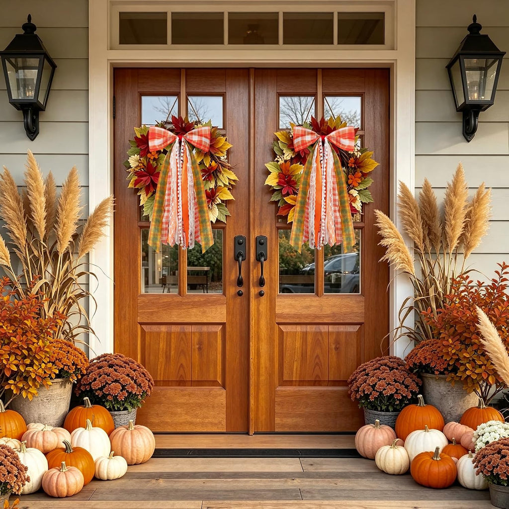 Fall Decor - Large Autumn Harvest Wreath Bow for Front Door - 2 pack - Set of 2