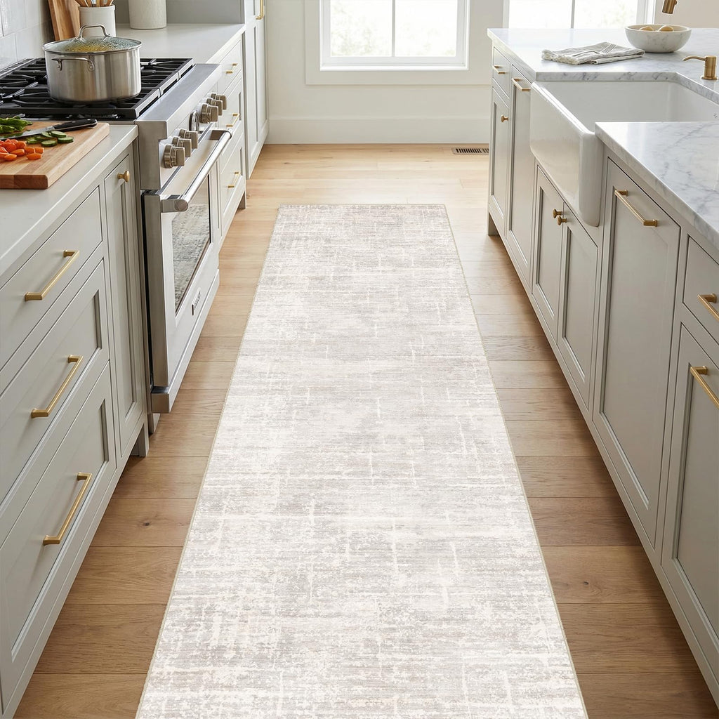 Washable Hallway Runner Rug: Abstract Non-Slip Neutral Rugs BeigeGray