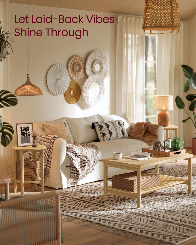 Round Side End Table, 2-Tier Boho Bedside Table with Rattan-Look