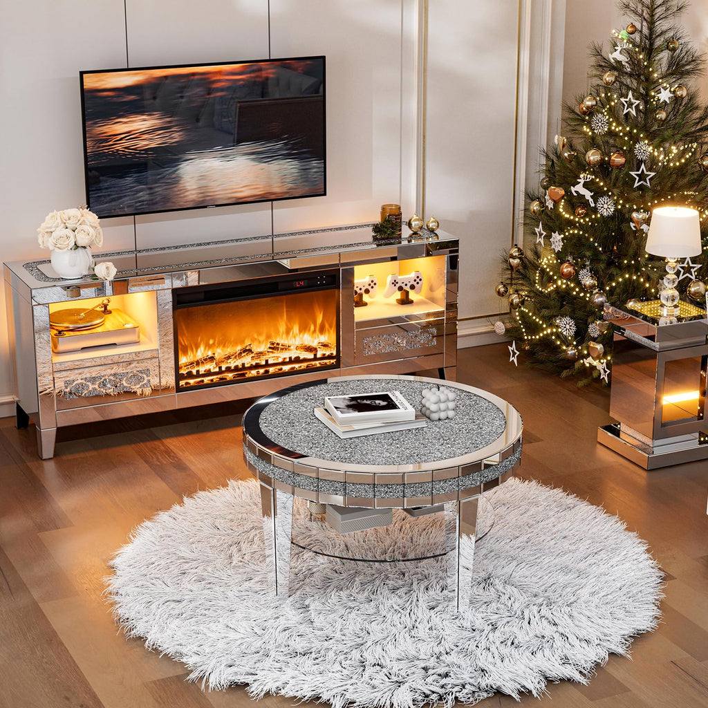 31" Round Mirrored Coffee Table with Storage & Crushed Diamonds