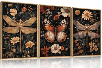 Vintage Butterfly Dragonfly Framed Canvas Wall Art Set, Moody Dark Academia Animal Floral Botanical Wall Decor, Retro