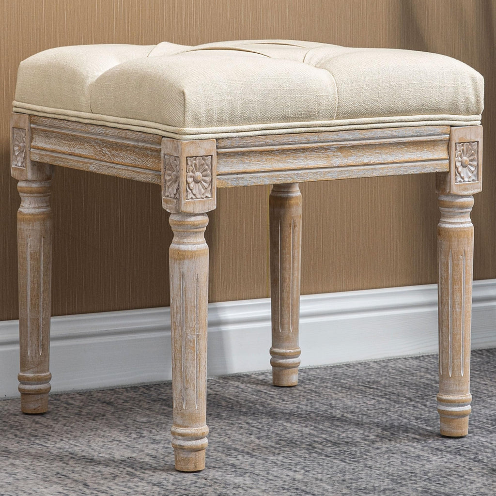16" Vintage Ottoman Tufted Foot Stool with Upholstered Seat Beige