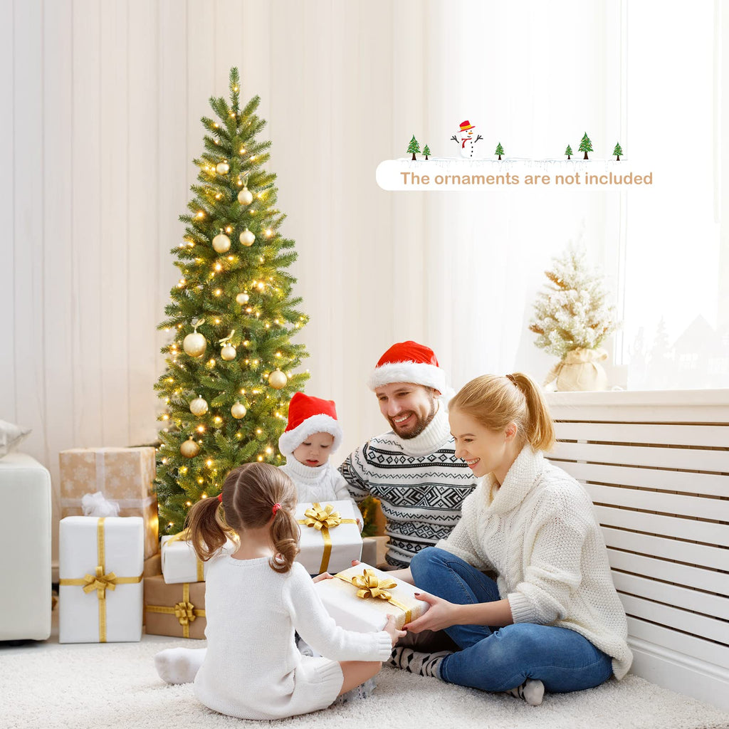 6 FT Pre-Lit Christmas Pencil Tree with 270 LED Warm White & Multi-Color Lights, 10 Flash Modes, 648 Tips, Hinged