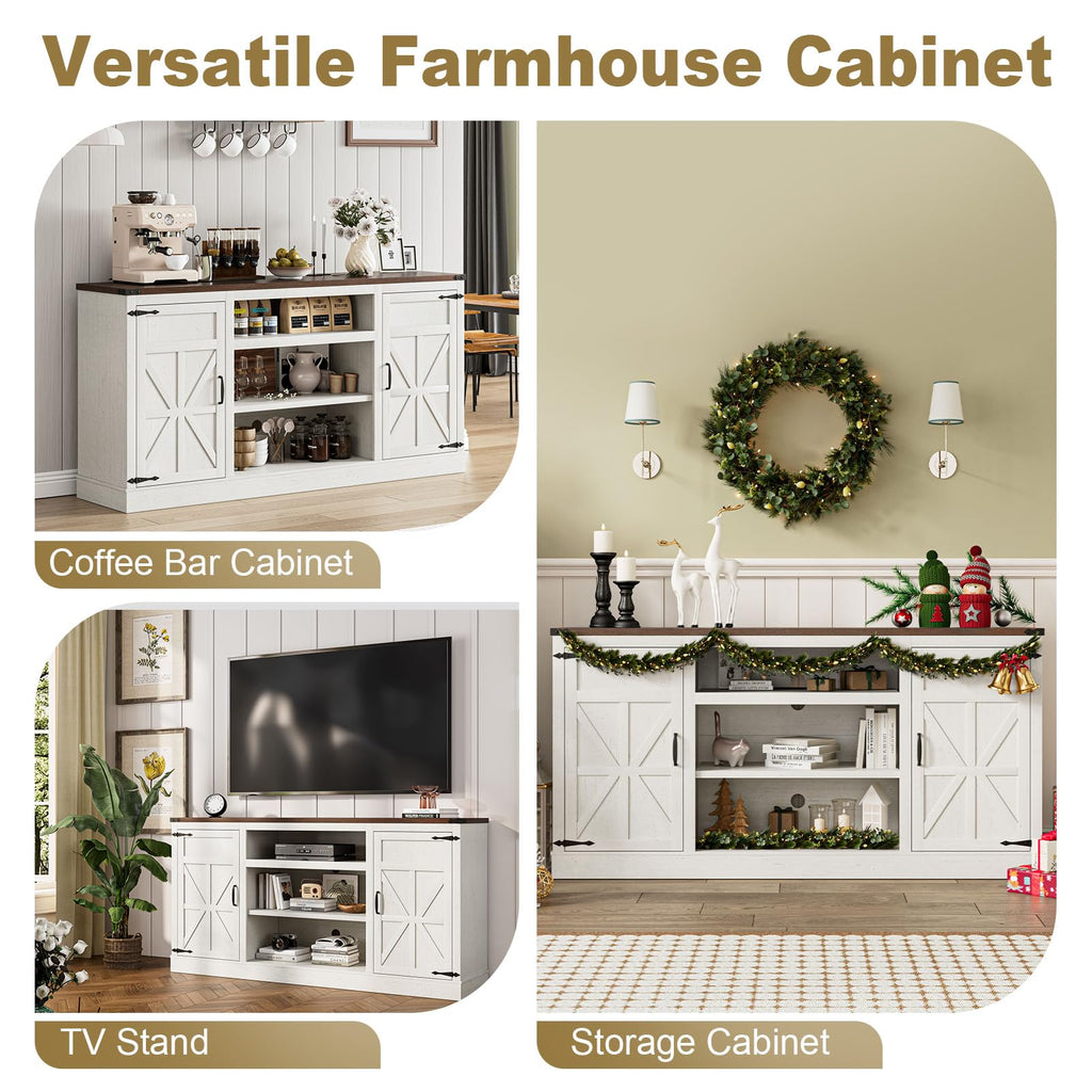 66" Farmhouse Coffee Bar with Charging Station, Sideboard Buffet with Large Storage, Wood Storage Cabinet with