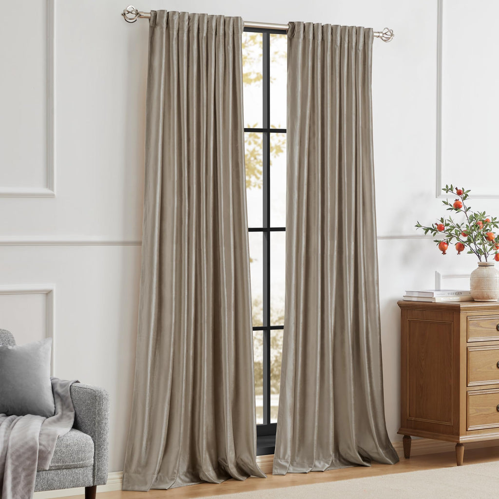 Taupe Curtains 120 inch, 2 Panels Velvet Drapes Blackout Rod Pocket Back Tab Window Treatment Room Darkening