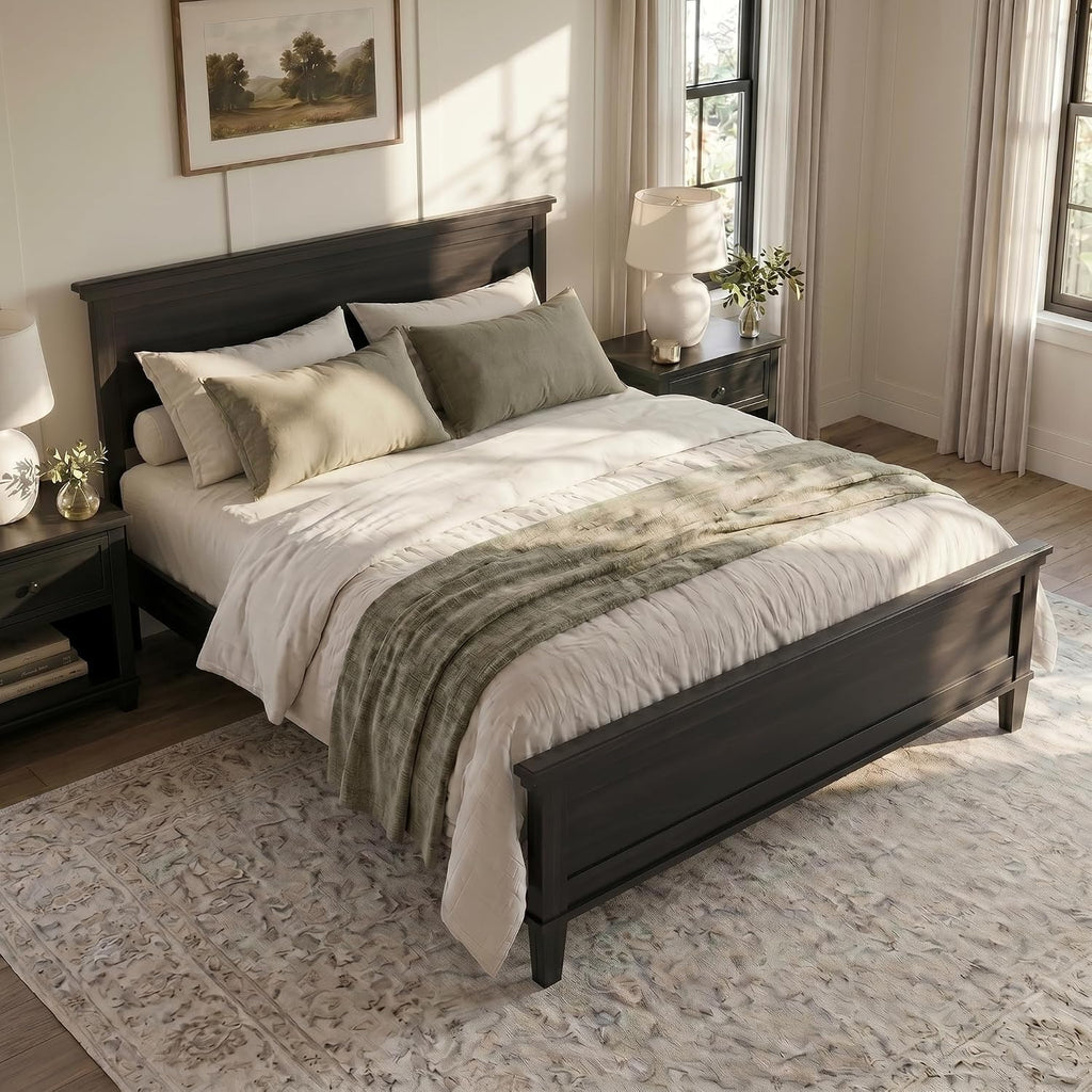 King Wood Bed Frame with Headboard, Mid-Century Modern Platform Bed, Farmhouse Style Bed with Under-Bed Storage, Wood