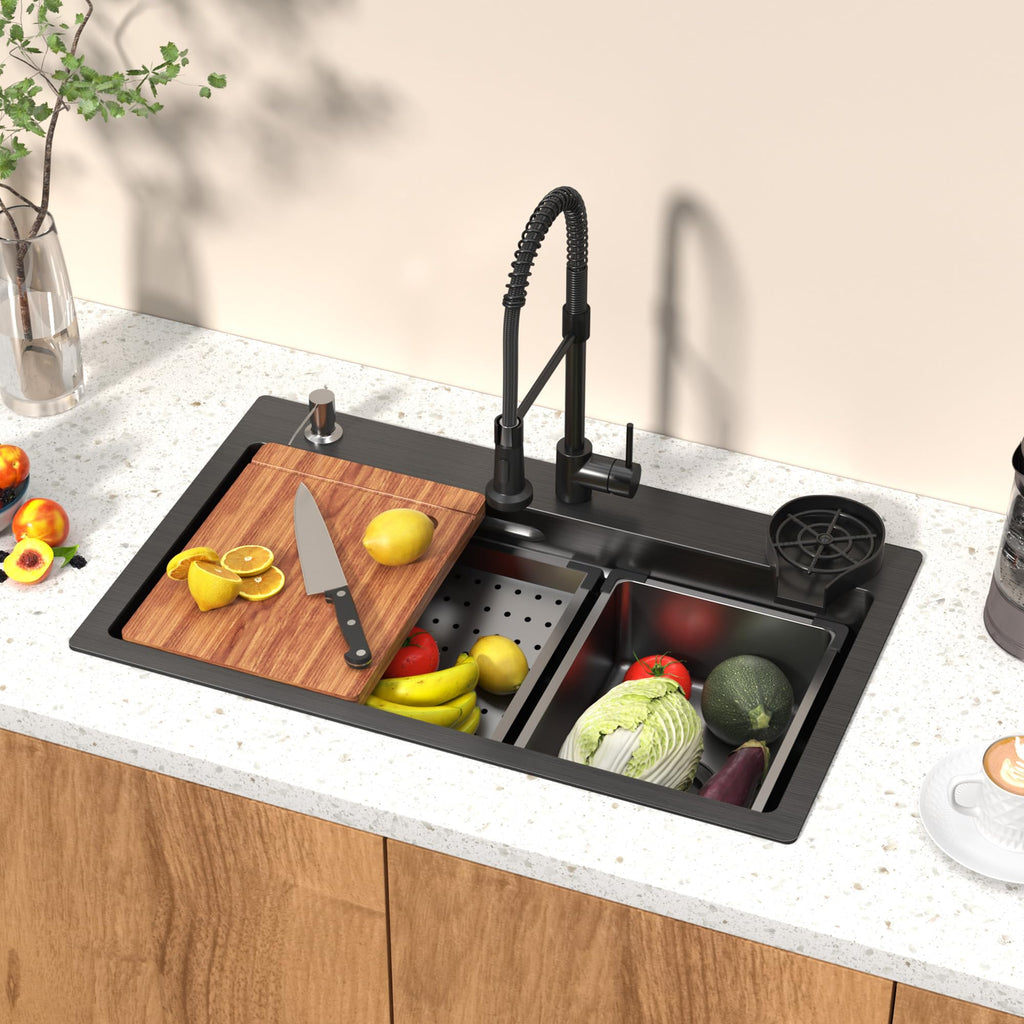 26.7 Inch Black Drop Sink with Faucet, Workstation