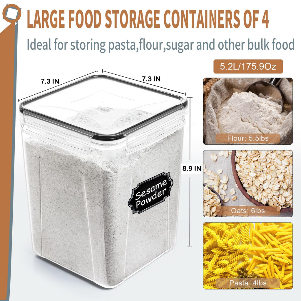 Large Airtight Food Storage Containers 5.2L / 195oz, 4pcs Pantry Kitchen Organizers and Storage for Flour, Sugar