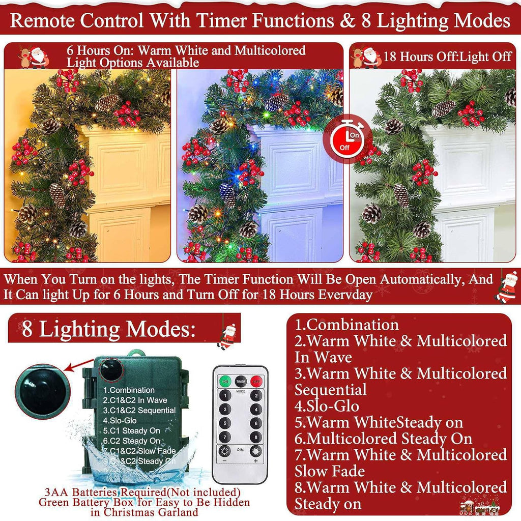 Remote Control&Extra Long&12 Modes-18 Ft Prelit Christmas Garland for Stairs Railing Mantle Front Door Porch Indoor