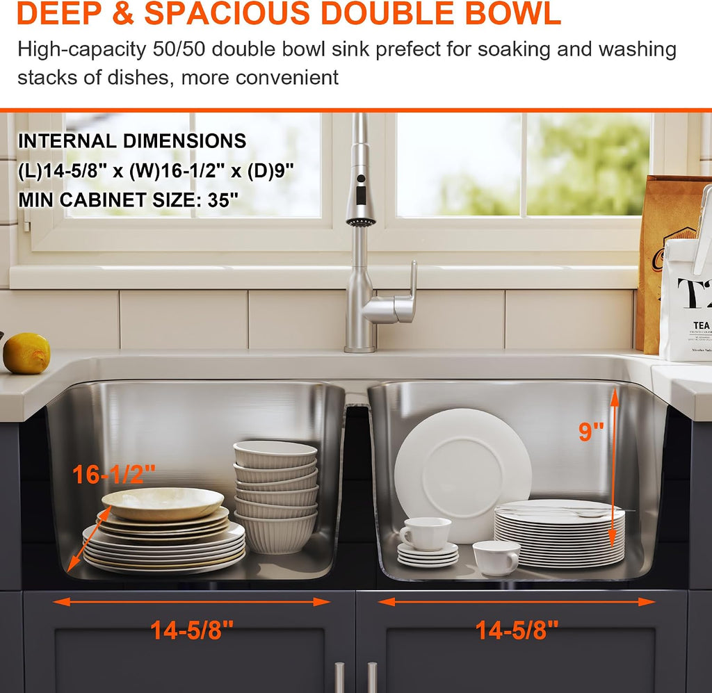 32 Inch Undermount Double Bowl 50/50 Kitchen Sink (Sink Only) | 304 Stainless Steel, 18 Gauge Thickness, Strainer