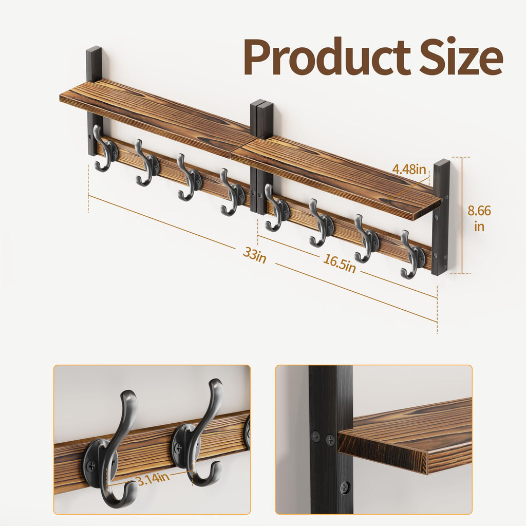 33 inch Coat Rack Wall Mount with Shelf, Entryway Wall Hooks with Shelf, Heavy Duty Coat Hanger Wall Mount, Rustic