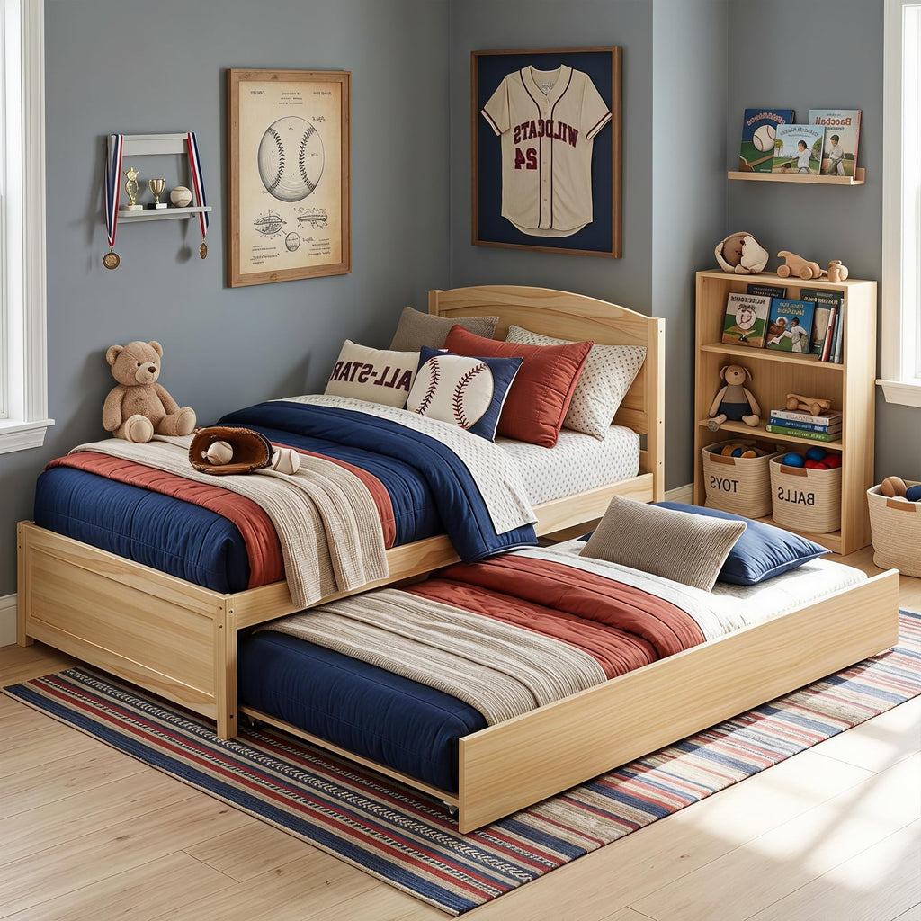 Daybed with Trundle, Twin Size Pull Out Bed, Solid Wood Extendable Day Bed with Trundle, Include Slat Support